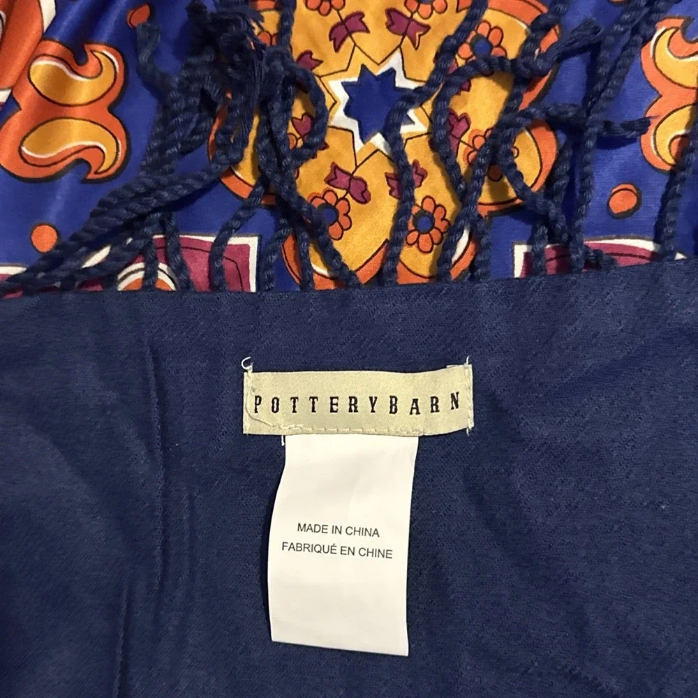 Pottery Barn Jess Scarf Print Throw Orange Navy Paisley Silk Fringe 50x60 Inch